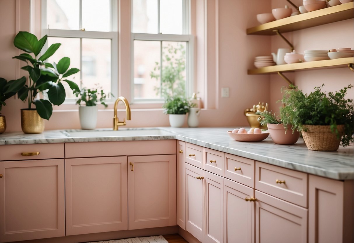A pink kitchen with white cabinets, marble countertops, and gold hardware. Soft pink walls complemented by blush pink accessories and greenery