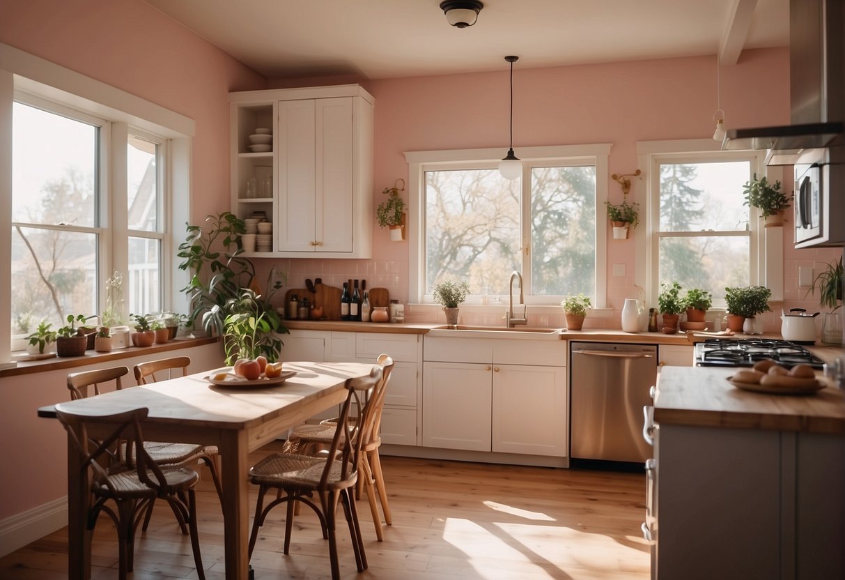 A bright, airy kitchen with soft pink walls, natural light streaming in through large windows, and a cozy, inviting ambiance