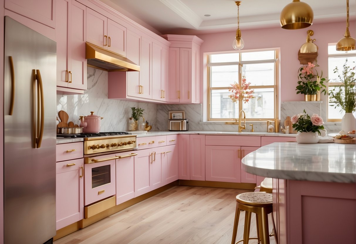 A bright pink kitchen with white cabinets, marble countertops, and gold fixtures. The flooring is a light wood, and the ceiling is painted a soft pink to match the walls