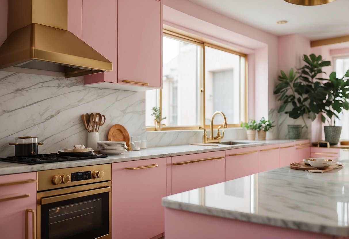 A bright pink kitchen with modern appliances and marble countertops. Soft pastel walls and gold accents add a touch of elegance