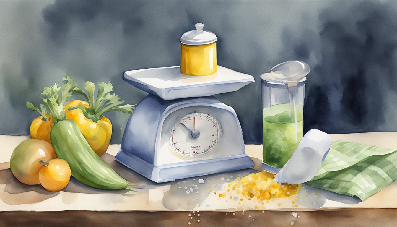 A salt shaker spills onto a scale, while a tape measure wraps around a vegetable