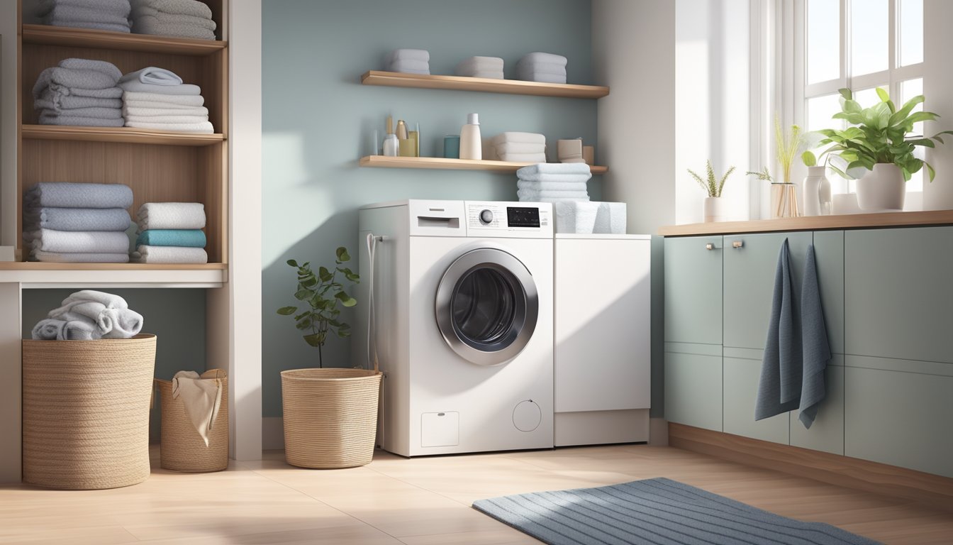 A sleek, modern washing machine sits in a bright, clean laundry room, surrounded by neatly folded towels and baskets of fresh-smelling clothes