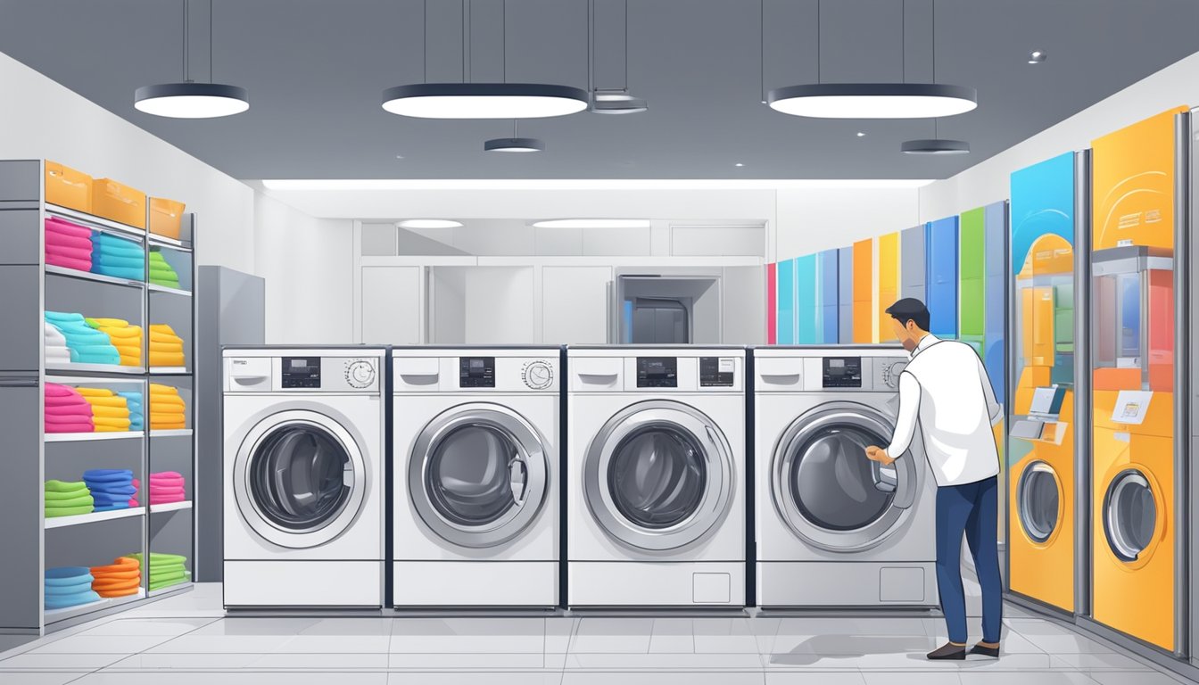 A person compares washing machines in a showroom, examining features and prices. Display models are arranged neatly with colorful labels