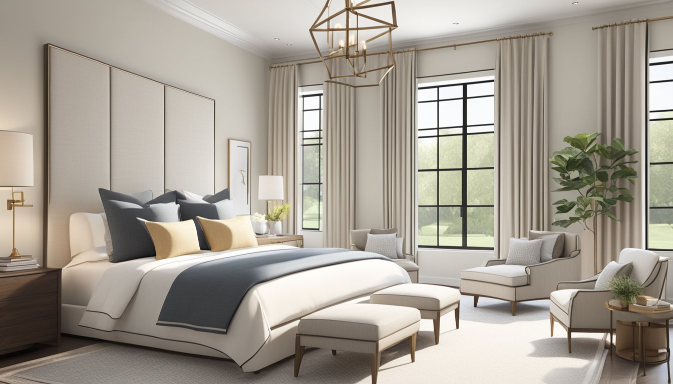 A bright, airy bedroom with a neutral color palette, large windows, and cozy seating area. A statement headboard and modern lighting fixtures add a touch of elegance
