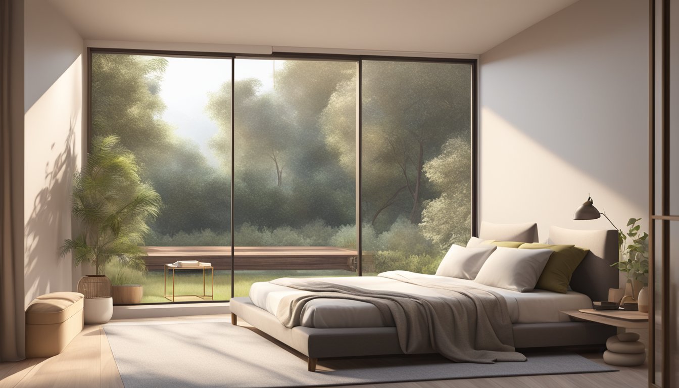 A spacious bedroom with a cozy reading nook, a large window overlooking a garden, a minimalist platform bed, and soft, neutral tones for a calming atmosphere