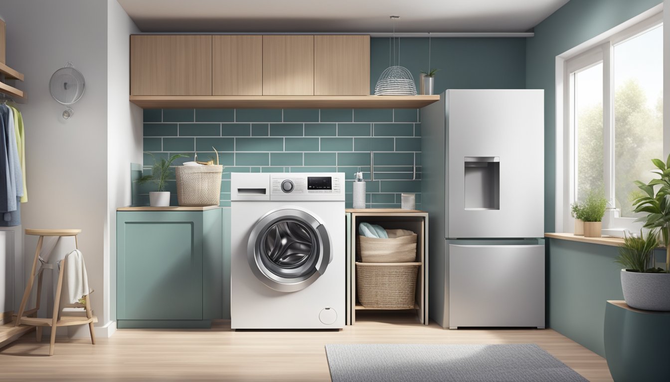 A modern washing machine with advanced features and a sleek design, surrounded by a clean and organized laundry room