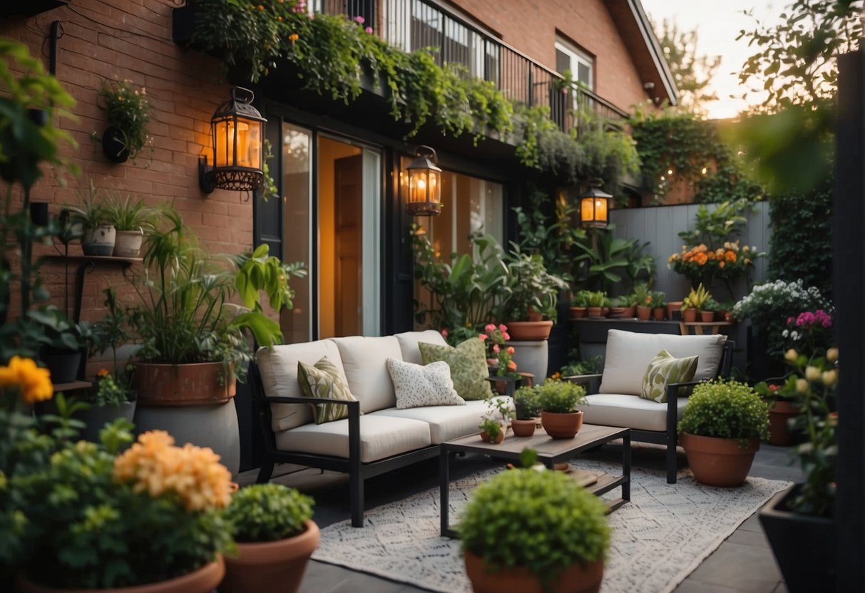 Lush gardens, cozy seating areas, and decorative lighting adorn the townhouse backyards. A mix of potted plants and vibrant flowers add color to the space, while stylish outdoor furniture creates a welcoming atmosphere