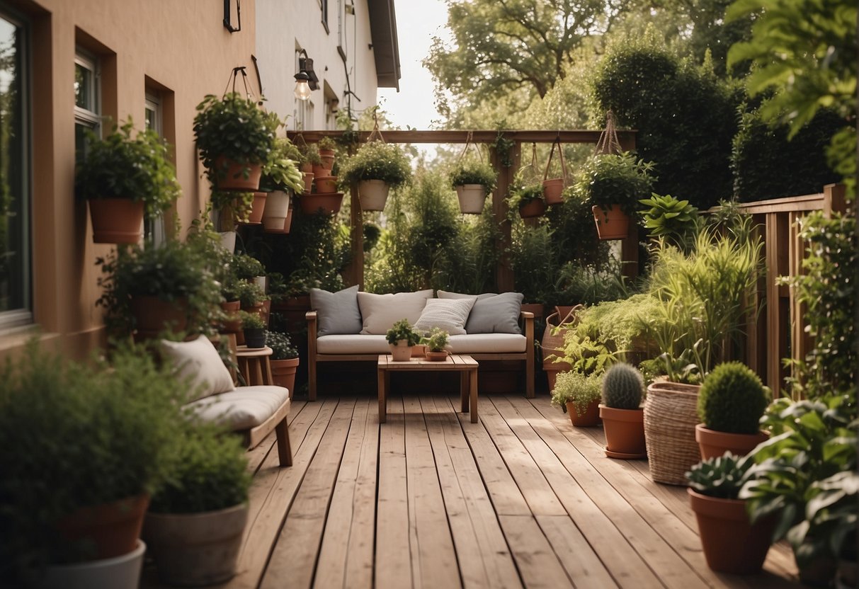 A cozy townhouse backyard with lush greenery, potted plants, and a small seating area. A wooden deck or patio with string lights and a variety of planters and hanging baskets