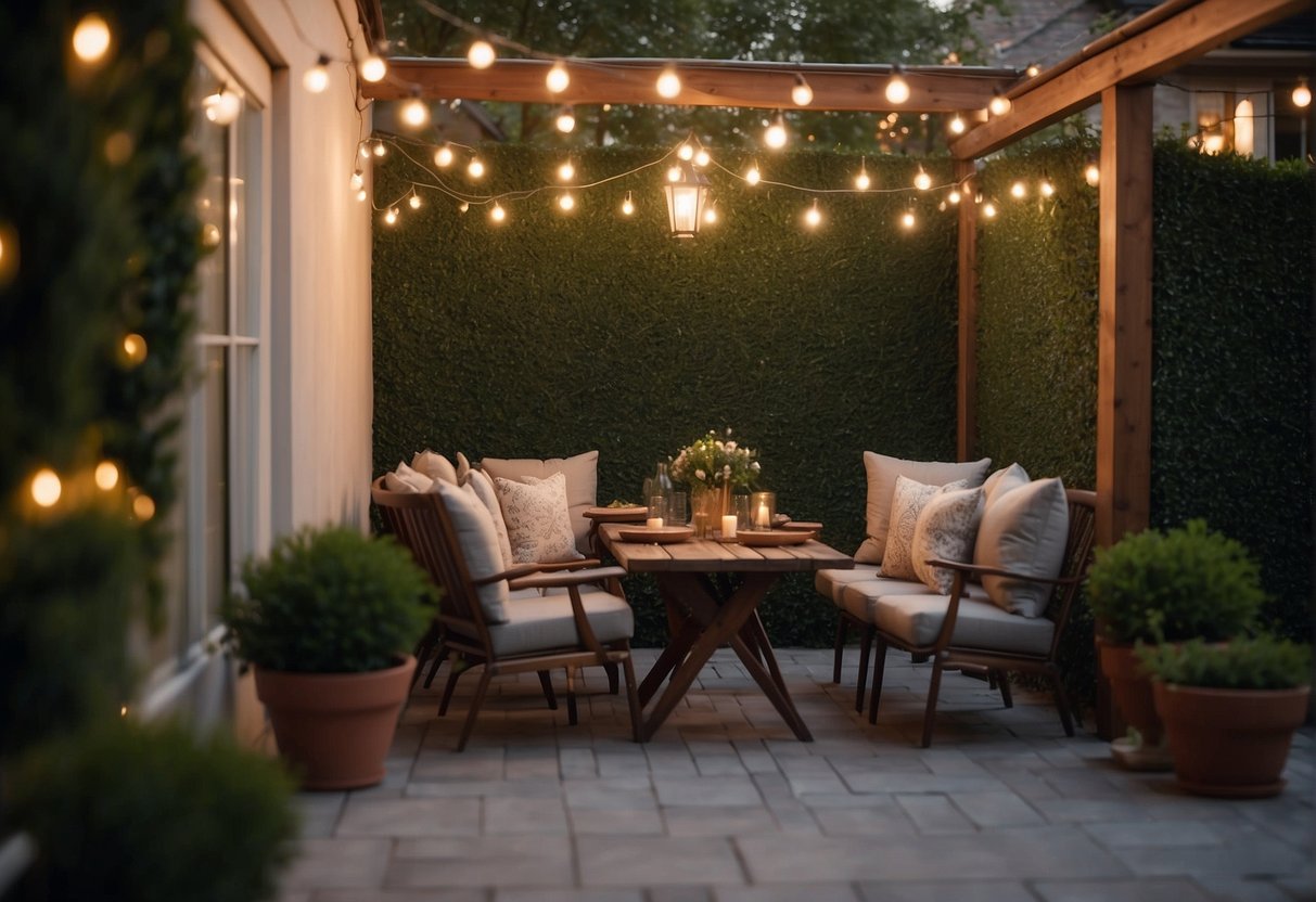 A cozy townhouse backyard with tall hedges, trellises, and hanging curtains to create privacy. A small seating area with comfortable chairs and a table for outdoor dining. Twinkling string lights add a warm ambiance