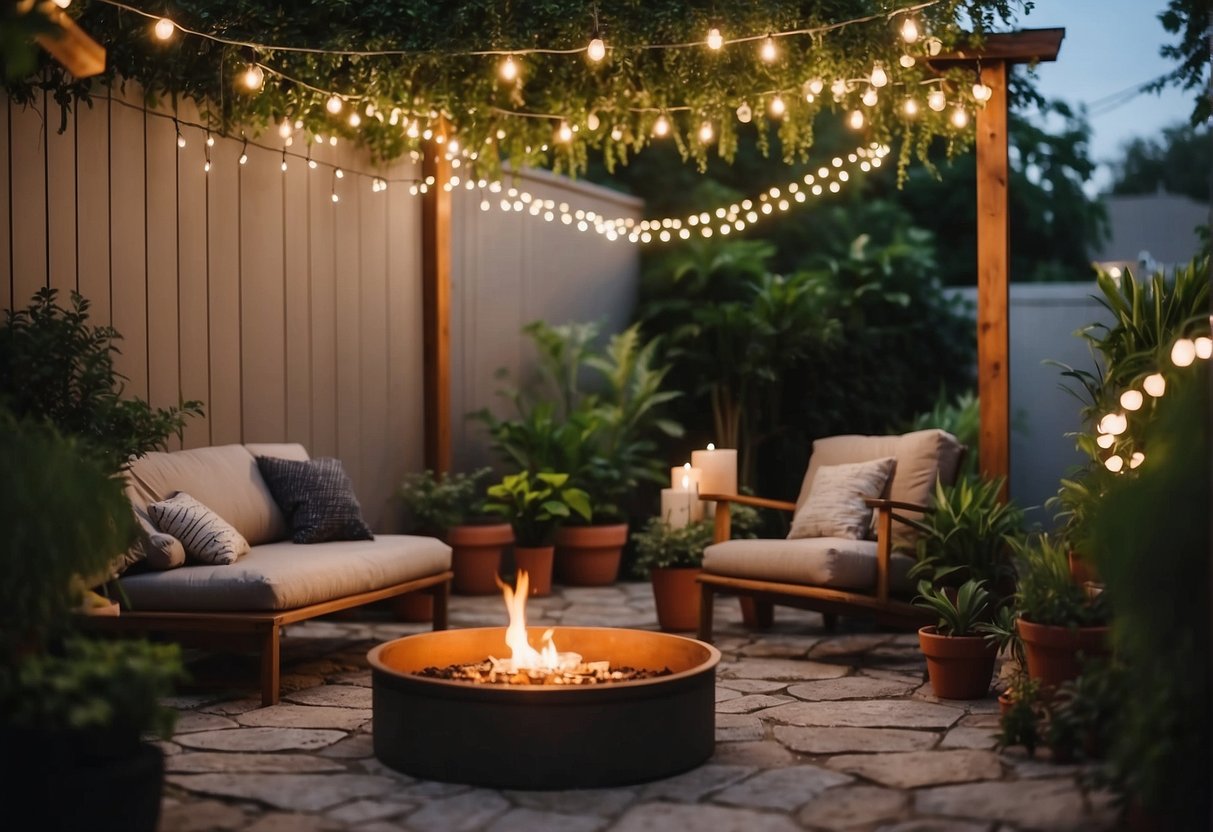 A cozy backyard with string lights, a fire pit, and comfortable seating. Lush greenery and potted plants create a relaxing atmosphere