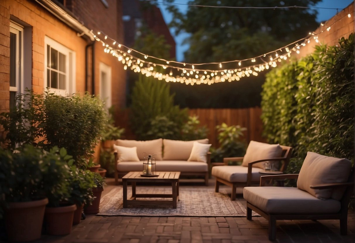 A warm glow emanates from string lights draped across a cozy townhouse backyard, illuminating a charming outdoor seating area and lush greenery