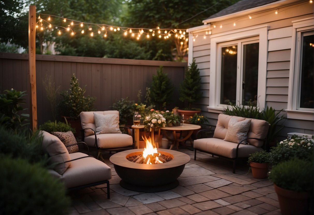 A cozy townhouse backyard with a fire pit, string lights, and comfortable seating. Lush greenery and potted plants add a touch of nature, while a small dining area provides space for outdoor entertaining