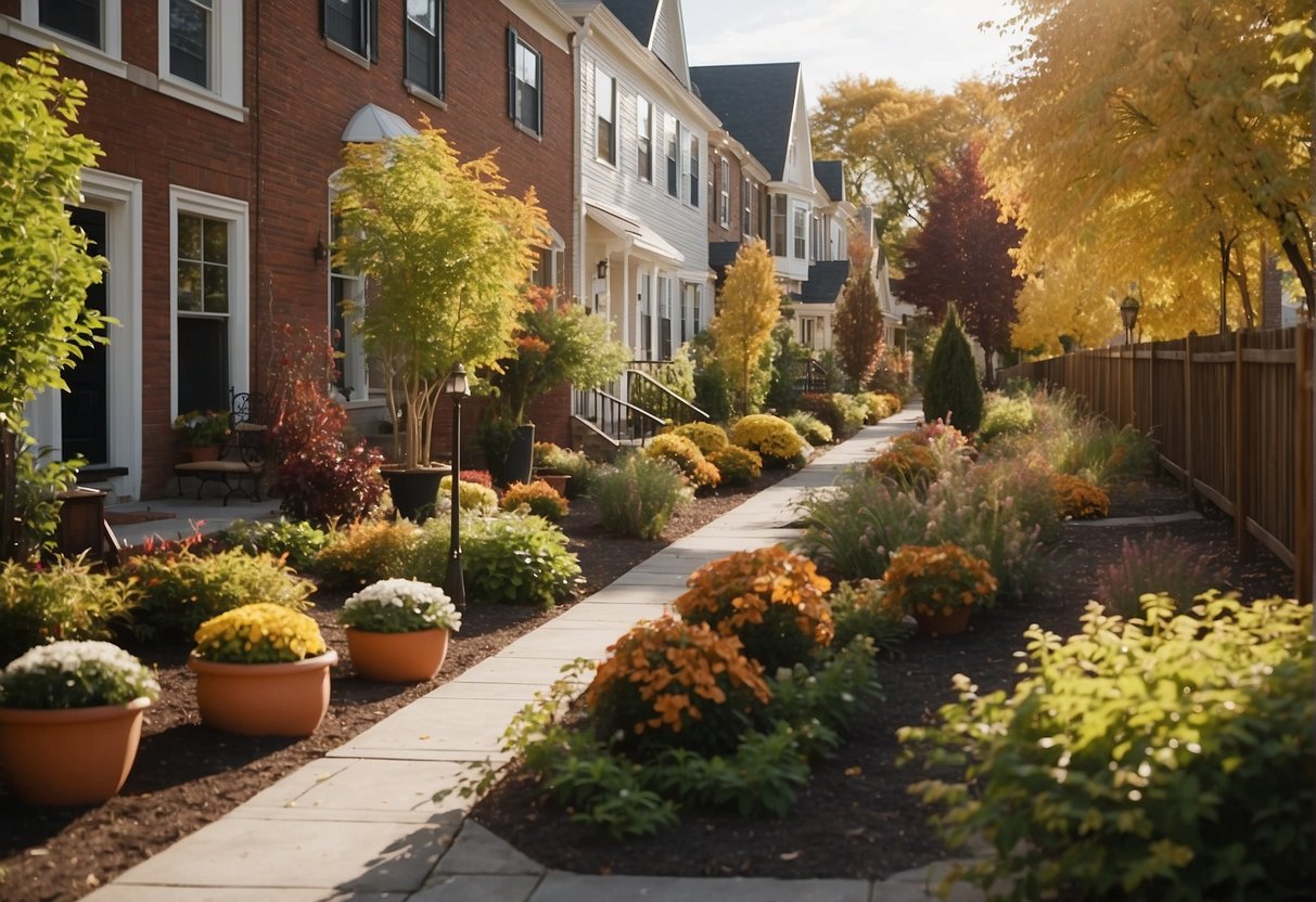 A row of townhouses with various seasonal adaptations in their backyards: winter gardens, summer patios, fall foliage, and spring blooms