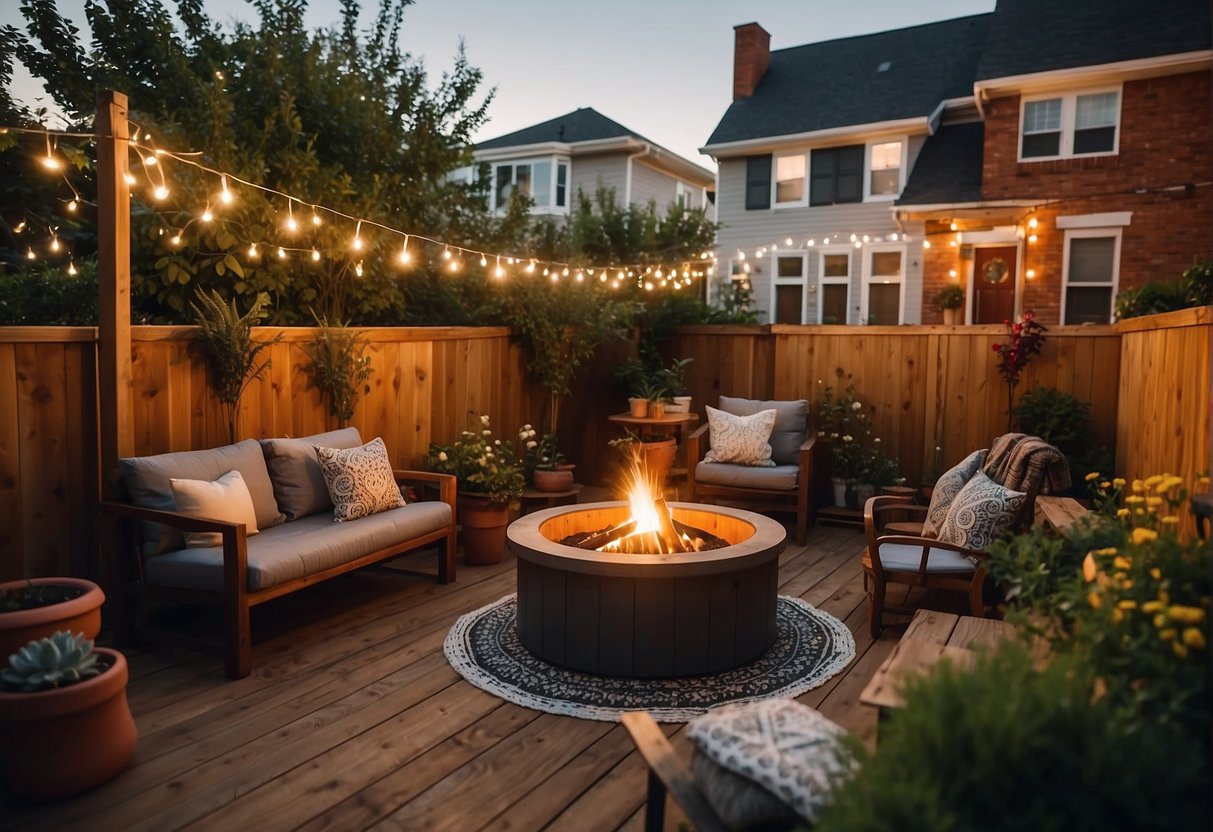 A townhouse backyard filled with DIY projects: a wooden deck, raised garden beds, string lights, a fire pit, and cozy outdoor seating