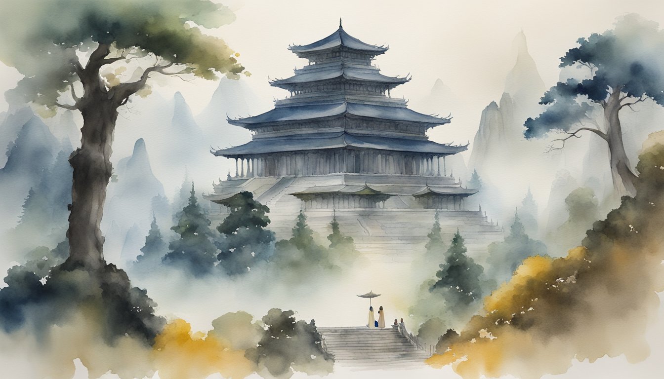 A grand temple stands atop a mountain, surrounded by swirling mists and ancient trees.</p><p>A group of robed figures perform a ritual, invoking the power of ancient myths to influence the culture of the land