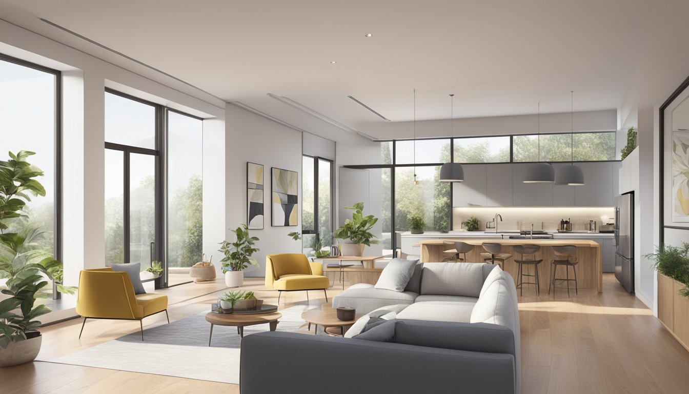 A spacious, airy room with minimal walls and a seamless flow between living, dining, and kitchen areas. Large windows allow natural light to flood the space, highlighting the modern, clean lines of the furniture and decor