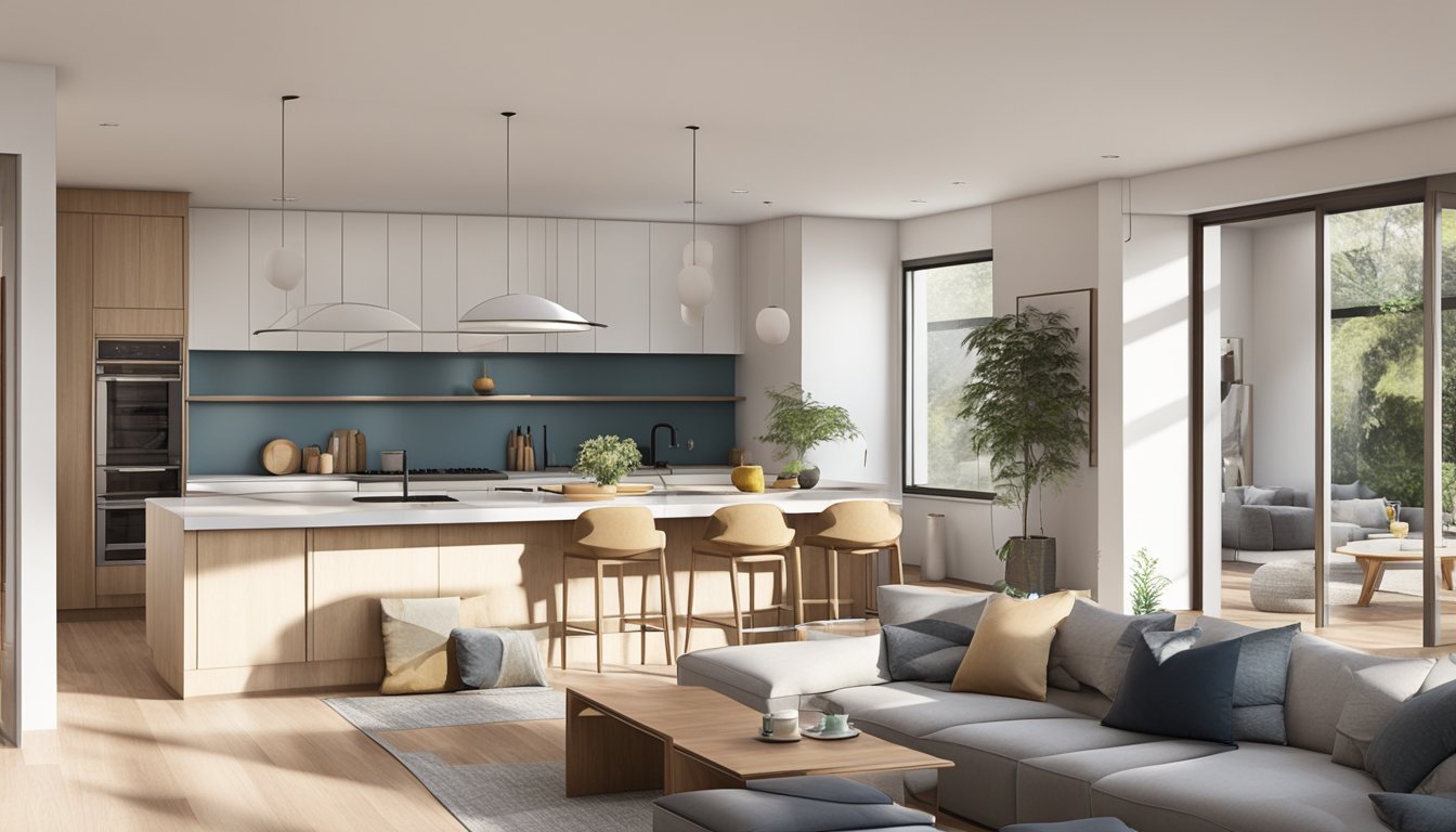 A spacious room with seamless flow between living, dining, and kitchen areas. High ceilings, natural light, and minimalistic furnishings create a modern, open concept space