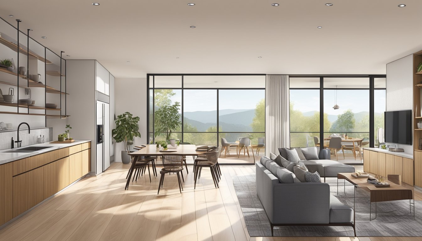 A spacious, interconnected living area with flowing lines and natural light, seamlessly blending kitchen, dining, and living spaces