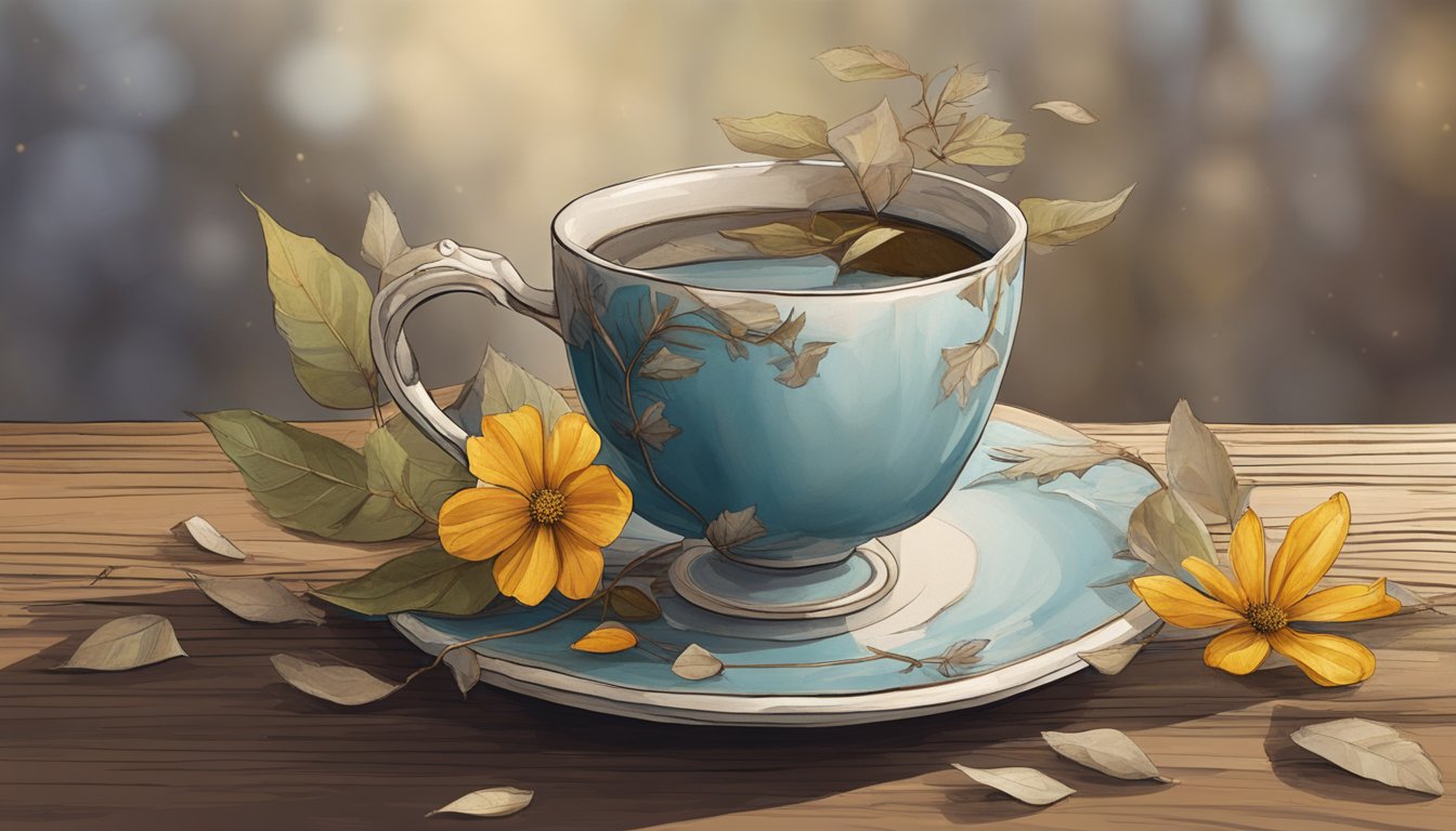 A weathered, asymmetrical teacup sits on a rough wooden table, surrounded by scattered, dried leaves and a single, wilting flower