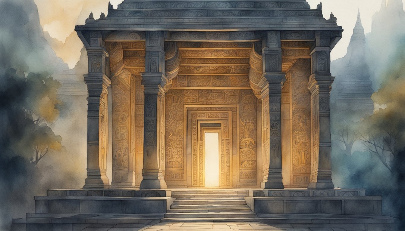 A dimly lit ancient temple with intricate carvings and symbols.</p><p>A sense of mystery and spirituality permeates the air