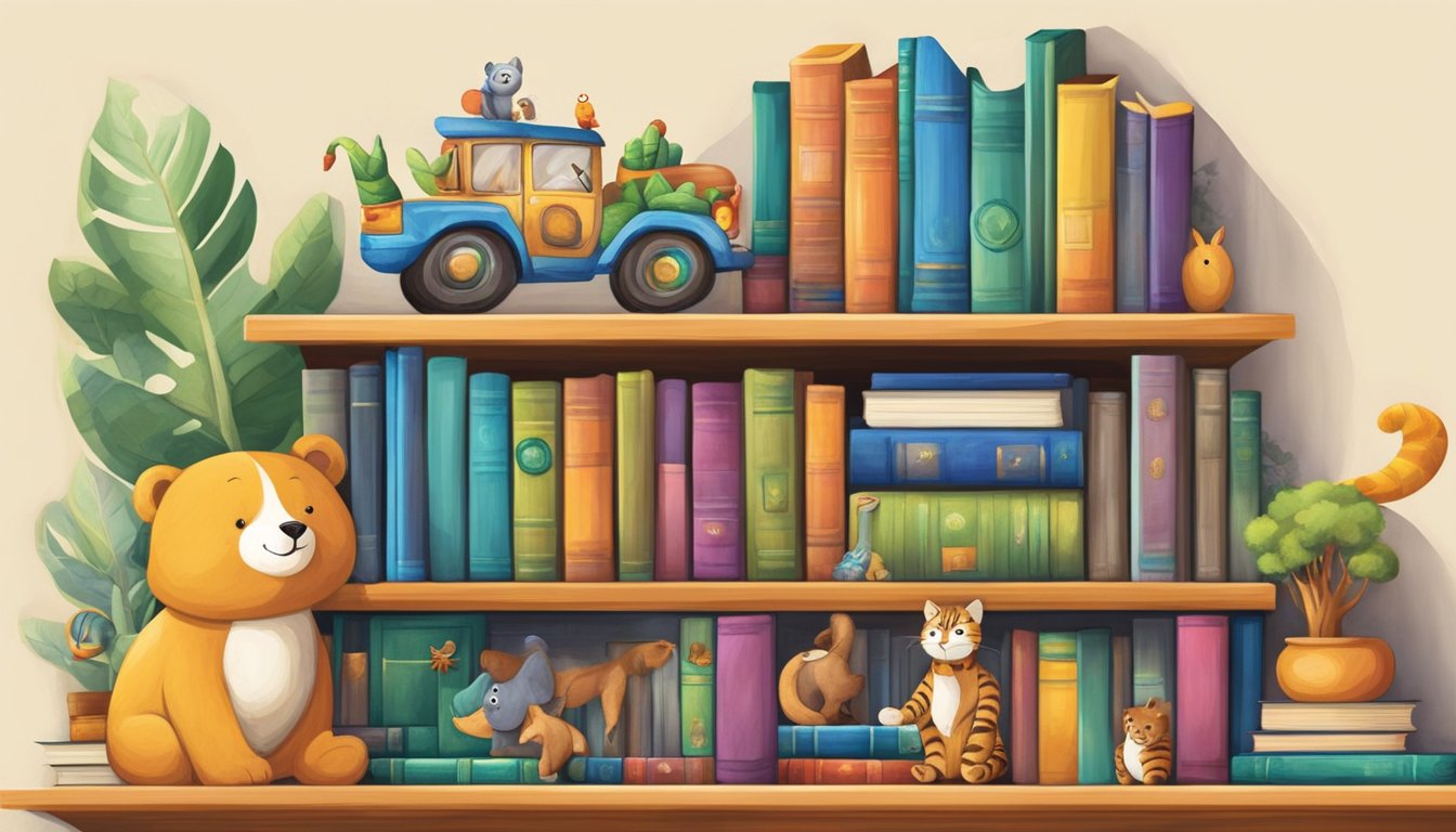 A colorful bookshelf with various themed sections, such as adventure, animals, and fantasy. Stuffed animals and toys are interspersed among the books, creating a playful and inviting display