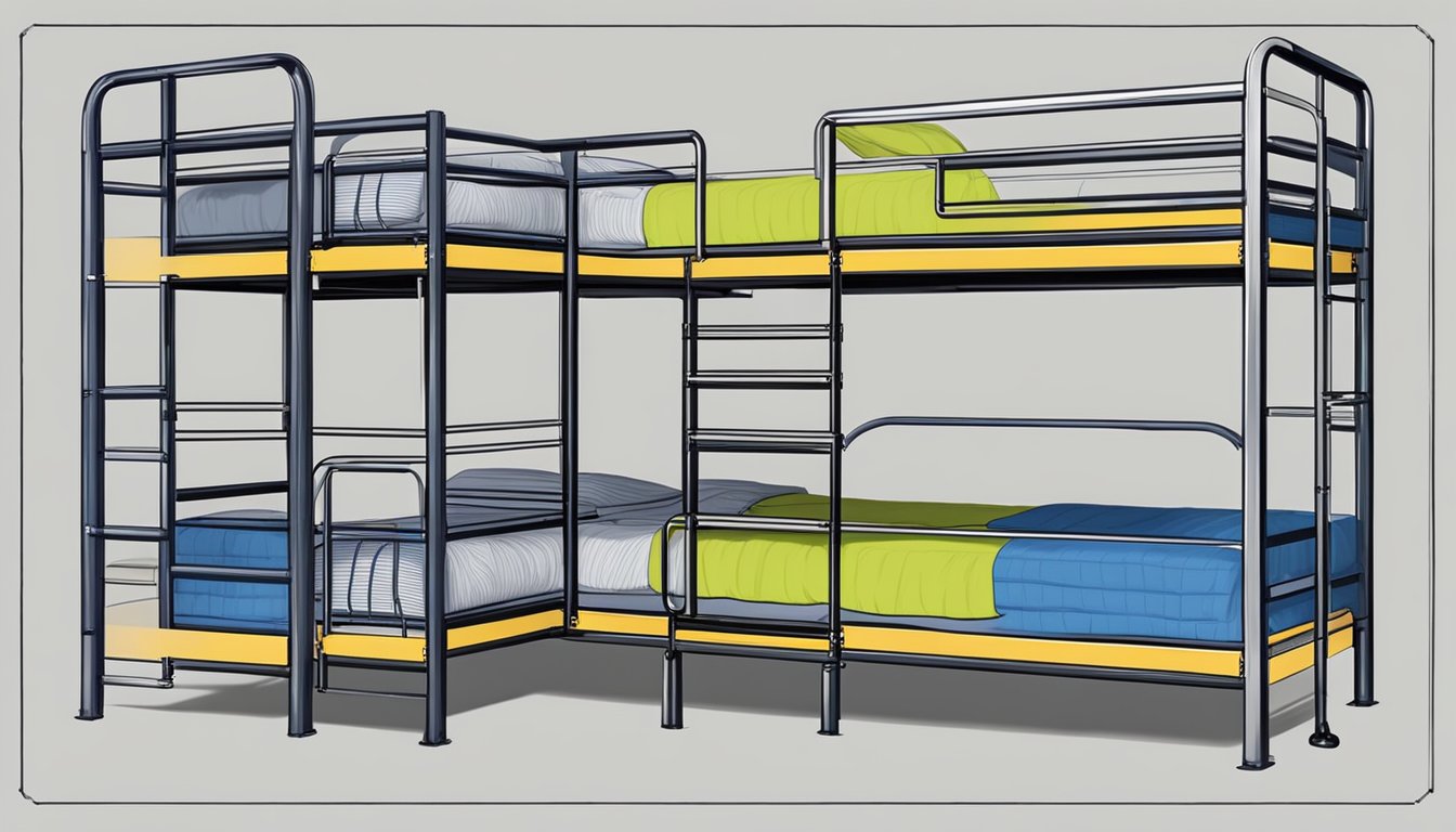 Two-tiered bunk bed with ladder, each bed 3 feet wide and 6 feet long. Sturdy metal frame with safety railings on top bunk