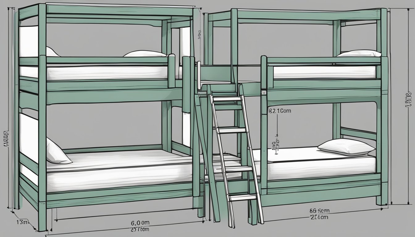 Two bunk beds, one on top of the other, with dimensions of 78 inches long by 42 inches wide, and a height of 60 inches