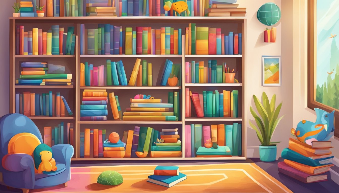 A colorful bookshelf filled with children's books, toys, and educational materials. Bright and inviting, with organized shelves and a cozy reading nook