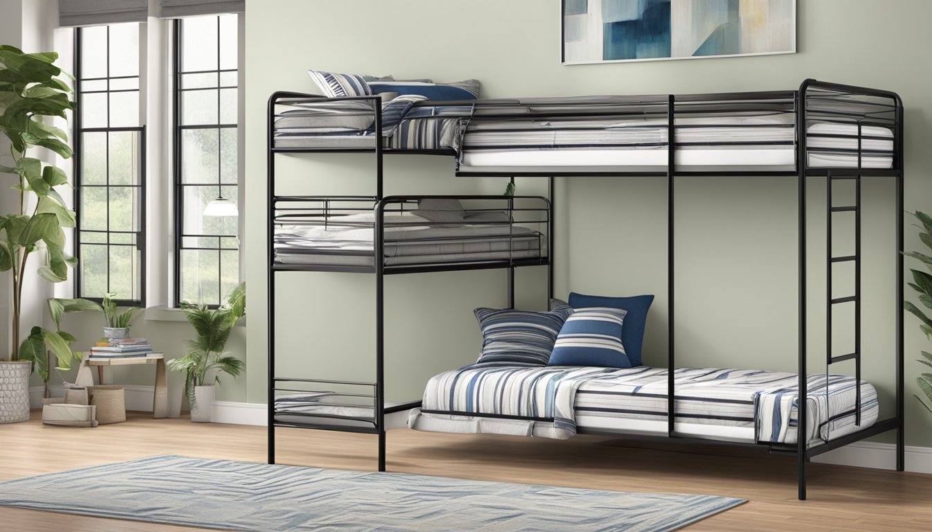 The bunk bed is 6 feet tall, with a sturdy metal frame. The top bunk is accessed by a built-in ladder, while the bottom bunk has ample headroom. The dimensions are 78 inches long by 42 inches wide