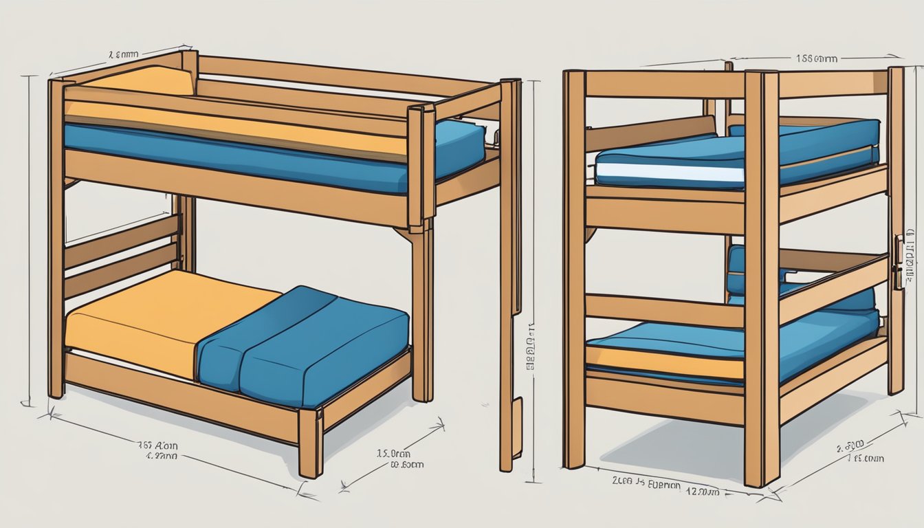 Two bunk beds stacked, with dimensions labeled. FAQ book nearby