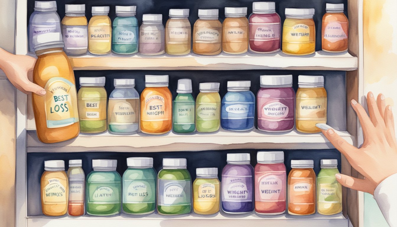 A hand reaches for a bottle of vitamins labeled "best for weight loss" among a variety of supplements on a shelf