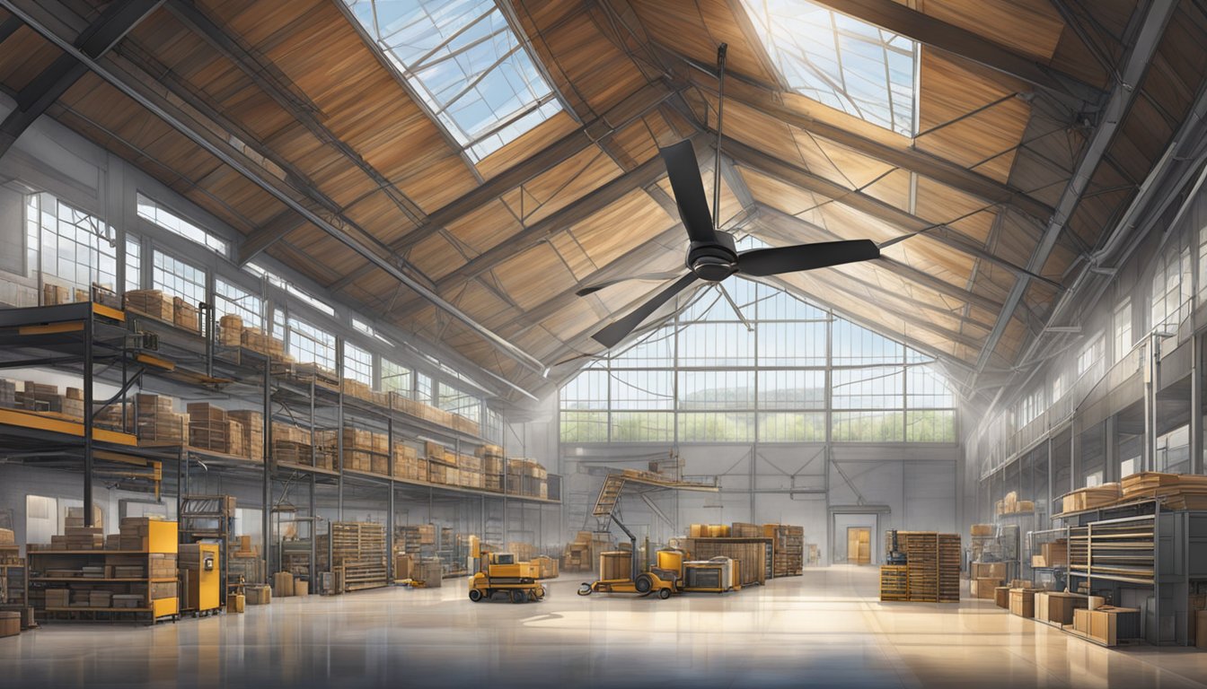 A large industrial shop with high ceilings, featuring a powerful, oversized ceiling fan in the center, providing ample airflow and cooling for the space