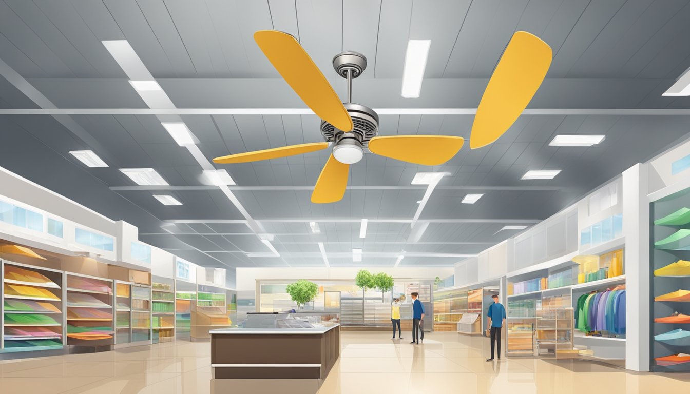 Large ceiling fans circulate air in a spacious shop, promoting comfort and energy efficiency