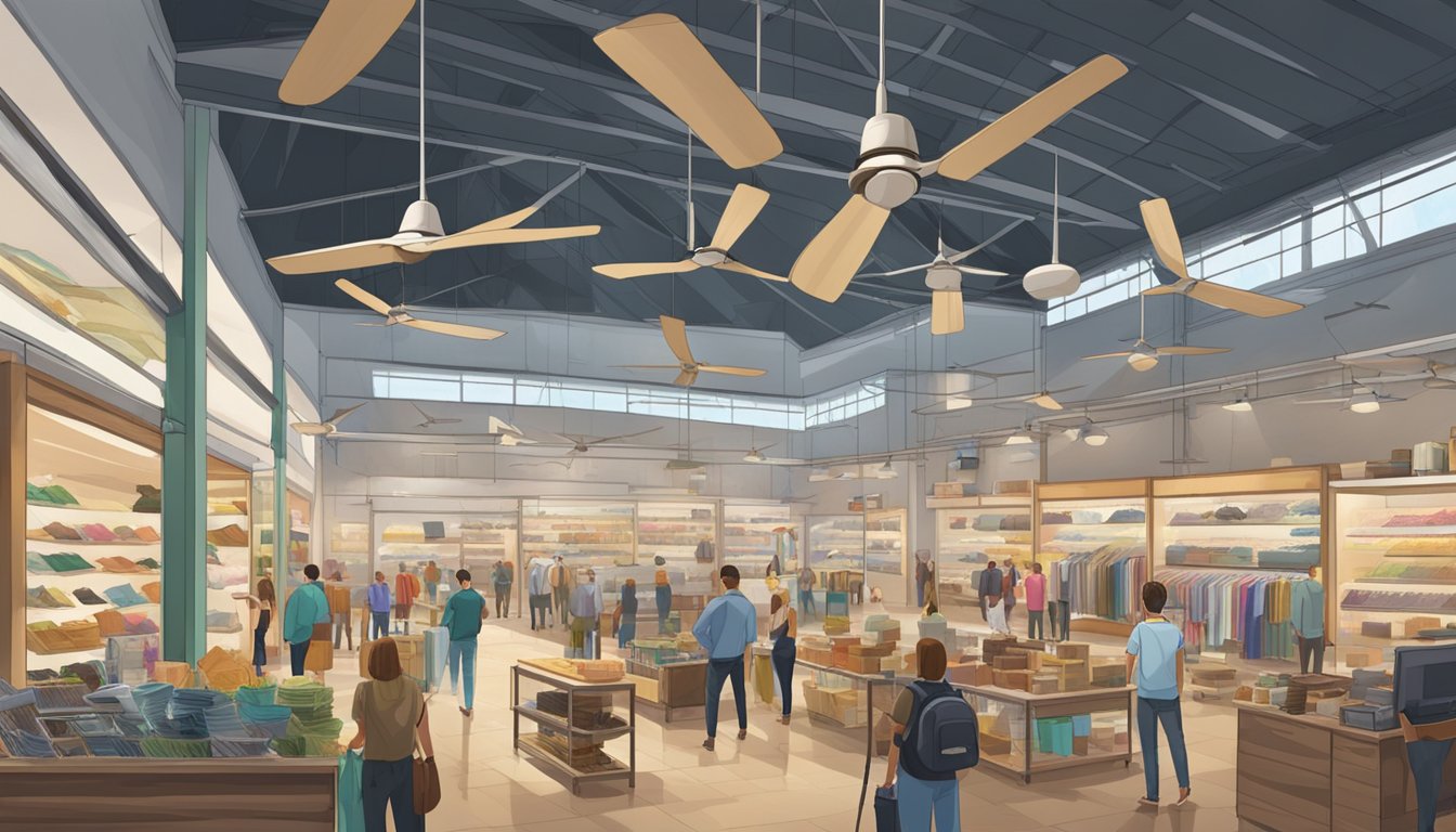 Large ceiling fans hang in a spacious shop, with customers browsing below