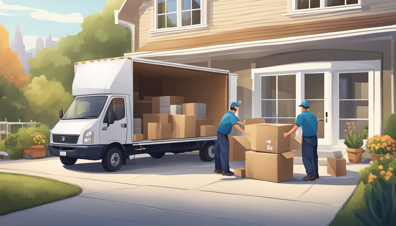 A delivery truck unloading furniture at a doorstep, with delivery personnel setting up the items inside a well-lit living room