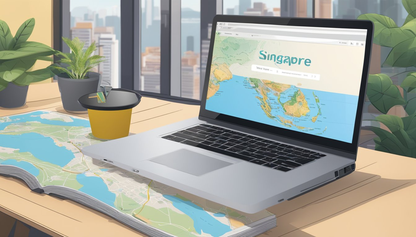 A laptop on a desk, with a website open showing furniture options. A map of Singapore in the background