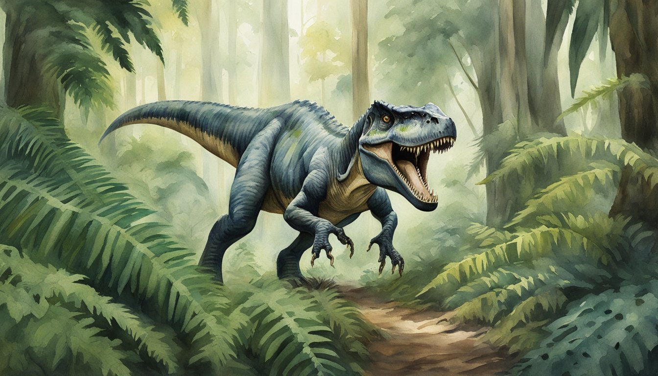 A Tyrannosaurus Rex roars in a lush prehistoric jungle, surrounded by towering ferns and ancient trees.</p><p>Its massive jaws are open wide, displaying rows of sharp teeth as it asserts its dominance