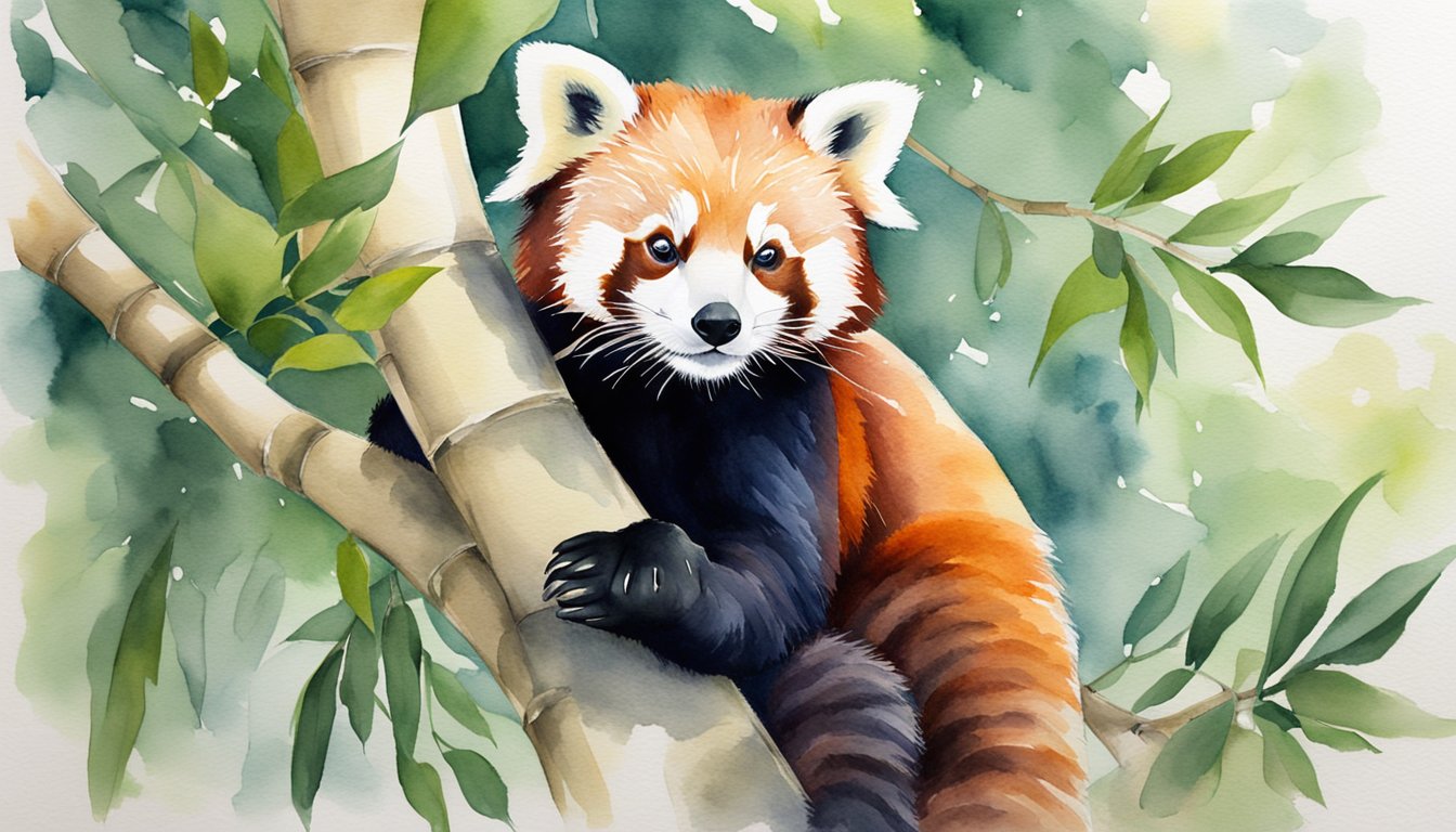 A red panda perched in a leafy tree, nibbling on bamboo shoots with its nimble paws