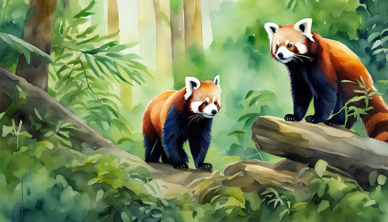 Red pandas forage for food in a lush forest, wary of potential threats.</p><p>Their conservation status is highlighted by their vulnerable existence