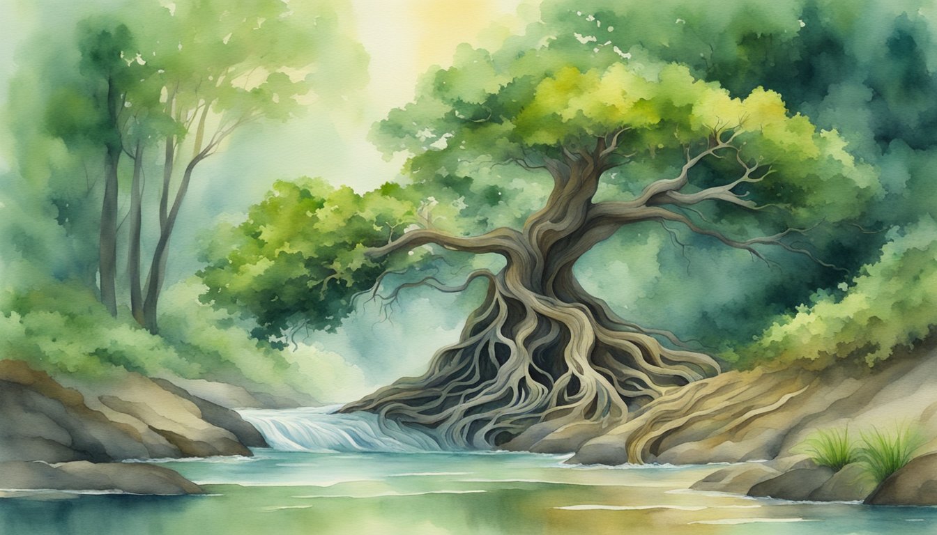 A tree with twisting roots reaching deep into the earth, surrounded by flowing water and lush greenery