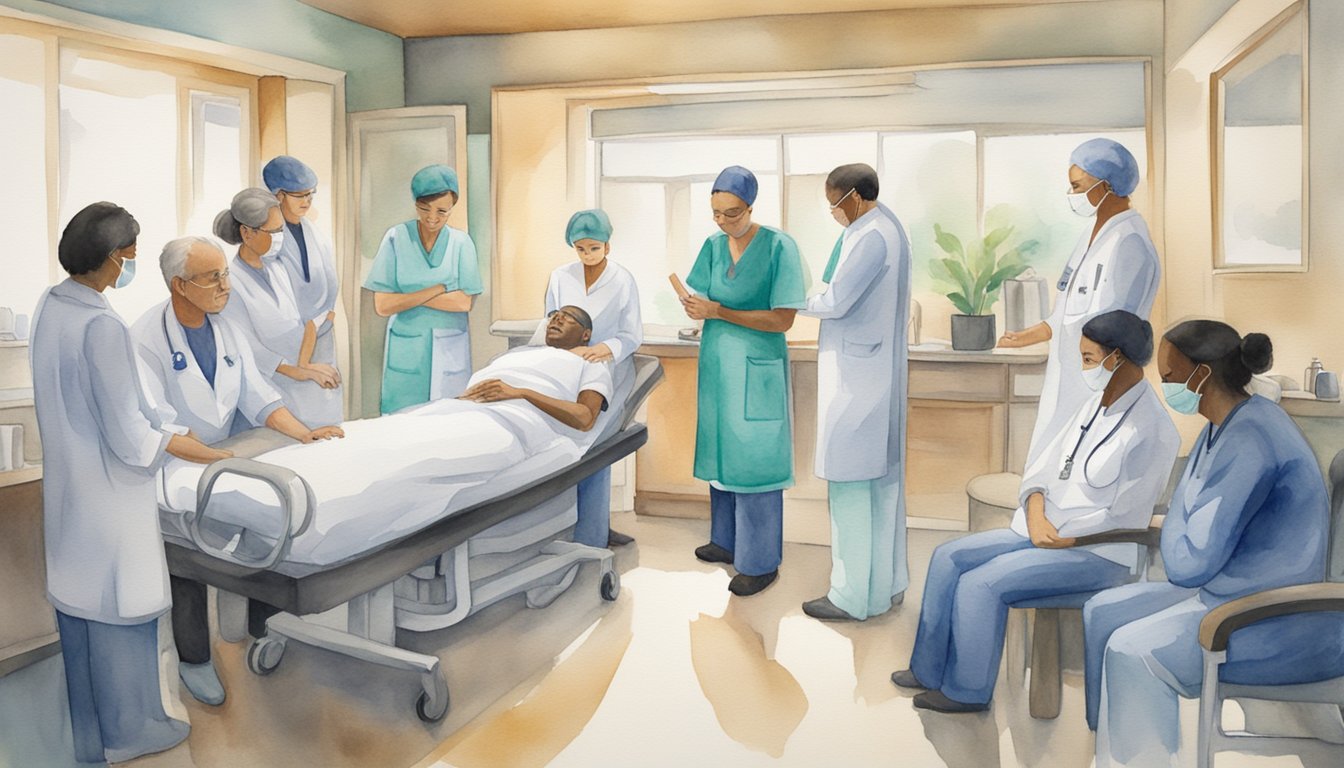 A person receiving medical care for depression and nausea, surrounded by healthcare professionals and supportive individuals