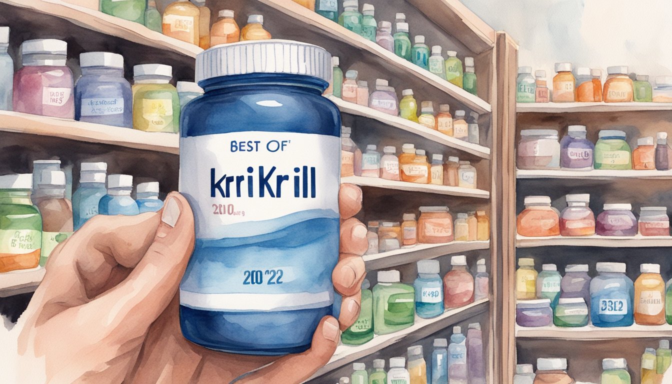 A hand reaches for a bottle of krill oil among various supplements on a shelf, with a prominent "best krill oil 2023" label