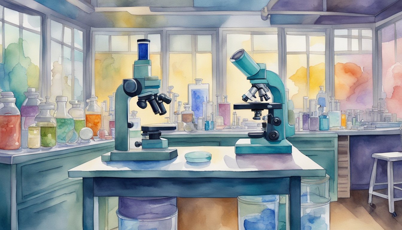 A microscope on a lab bench, surrounded by various scientific instruments and equipment.</p><p>Petri dishes, test tubes, and a colorful poster of the human anatomy adorn the walls