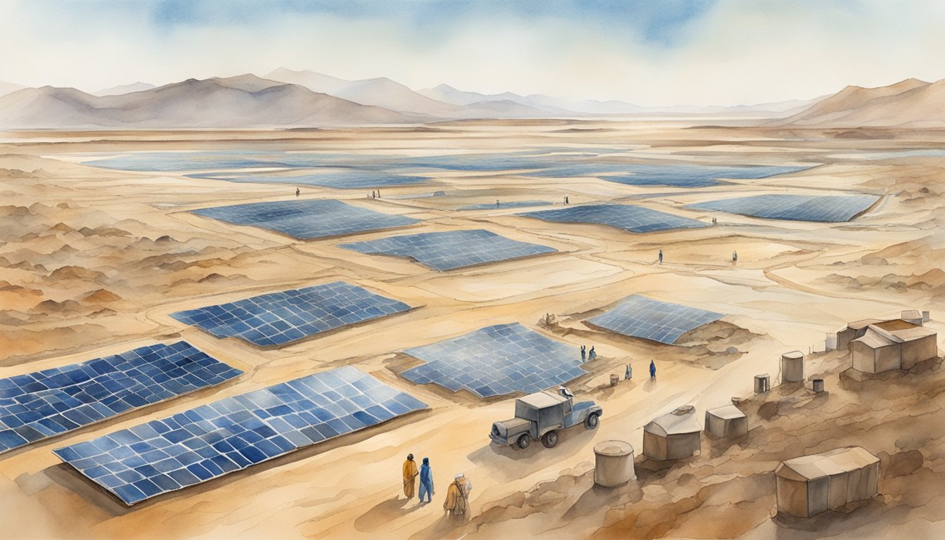 A barren landscape with dried-up rivers, parched farmlands, and empty water reservoirs.</p><p>People queue at water distribution points.</p><p>Solar panels and desalination plants provide alternative water sources