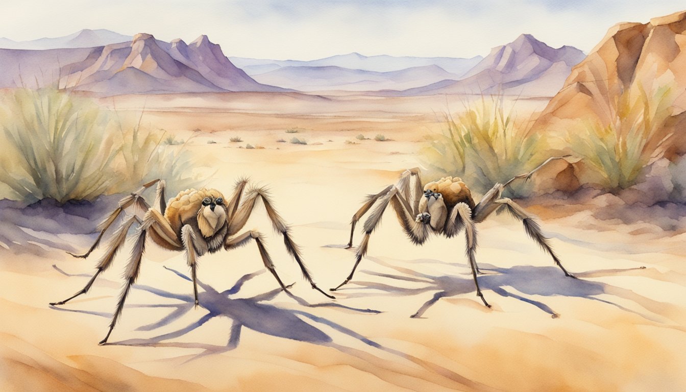 Two camel spiders facing each other in a desert setting, with one spider appearing to be chasing or hunting the other