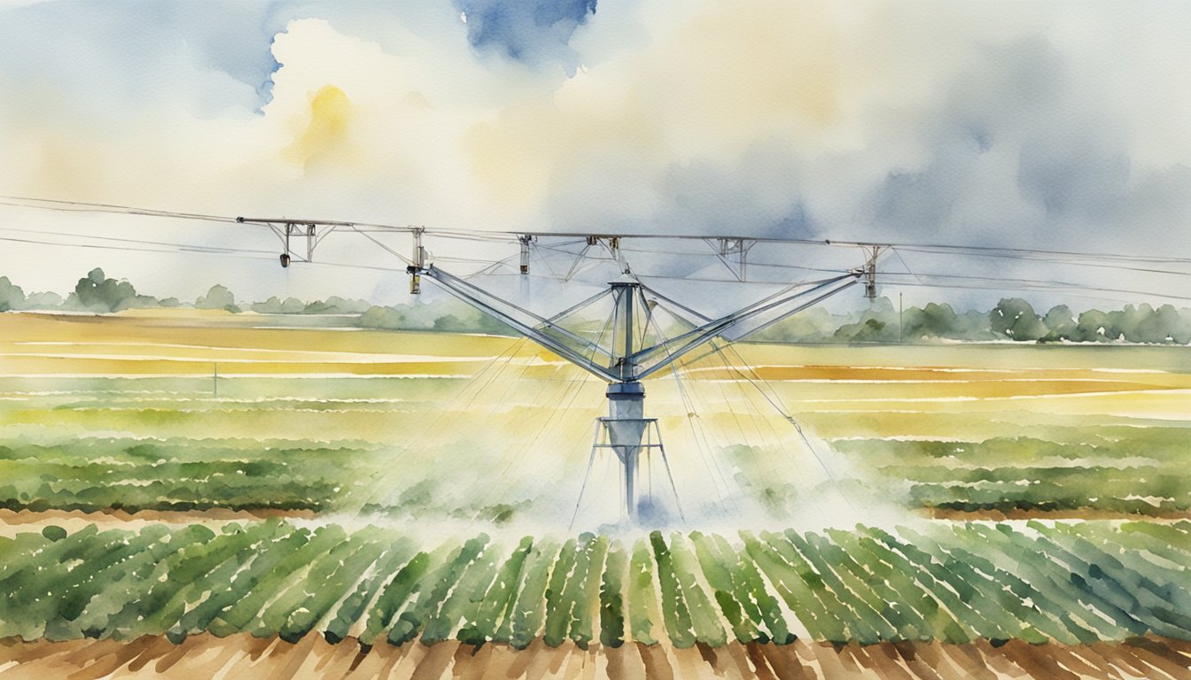 A field of crops being watered by a center pivot irrigation system, with evenly spaced sprinklers rotating around a central pivot point