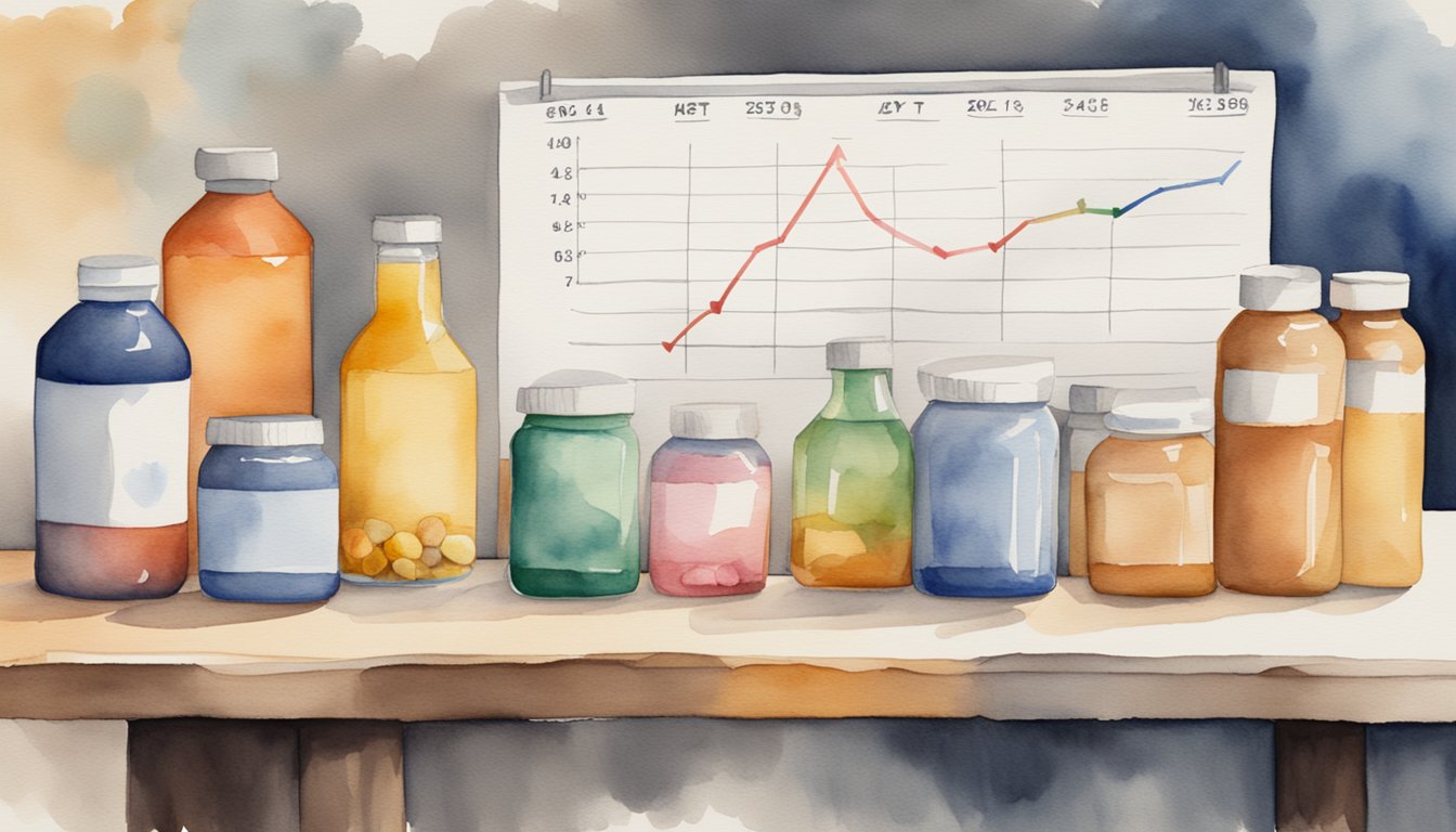 A table with various bottles of supplements, a heart-shaped symbol with a downward arrow, and a cholesterol level chart showing a decrease