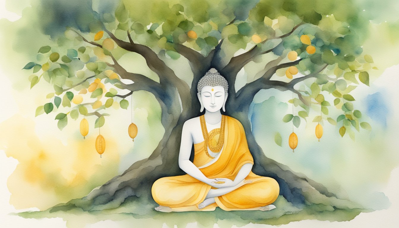 A serene figure sits under a Bodhi tree, radiating wisdom and compassion, surrounded by symbols of peace and enlightenment