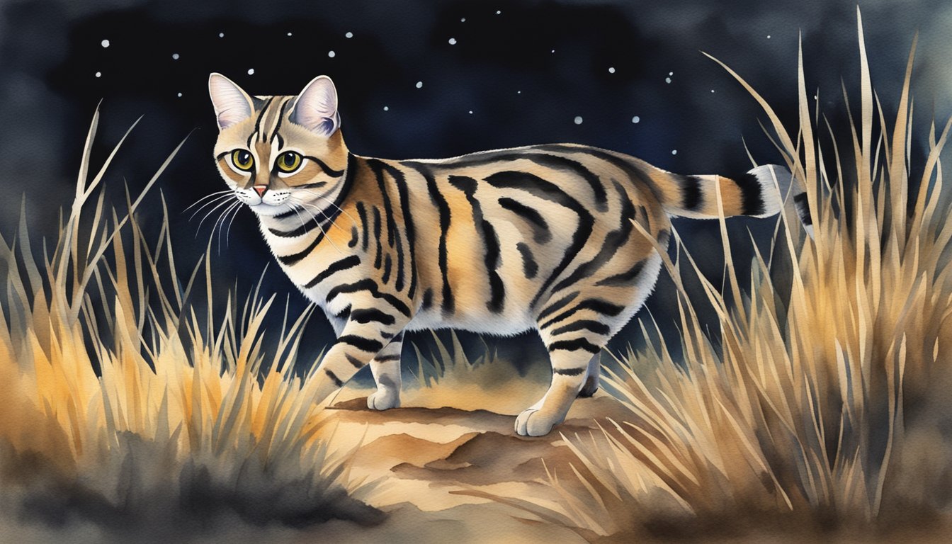 A black-footed cat prowls through the African savannah at night, its sharp eyes scanning for prey