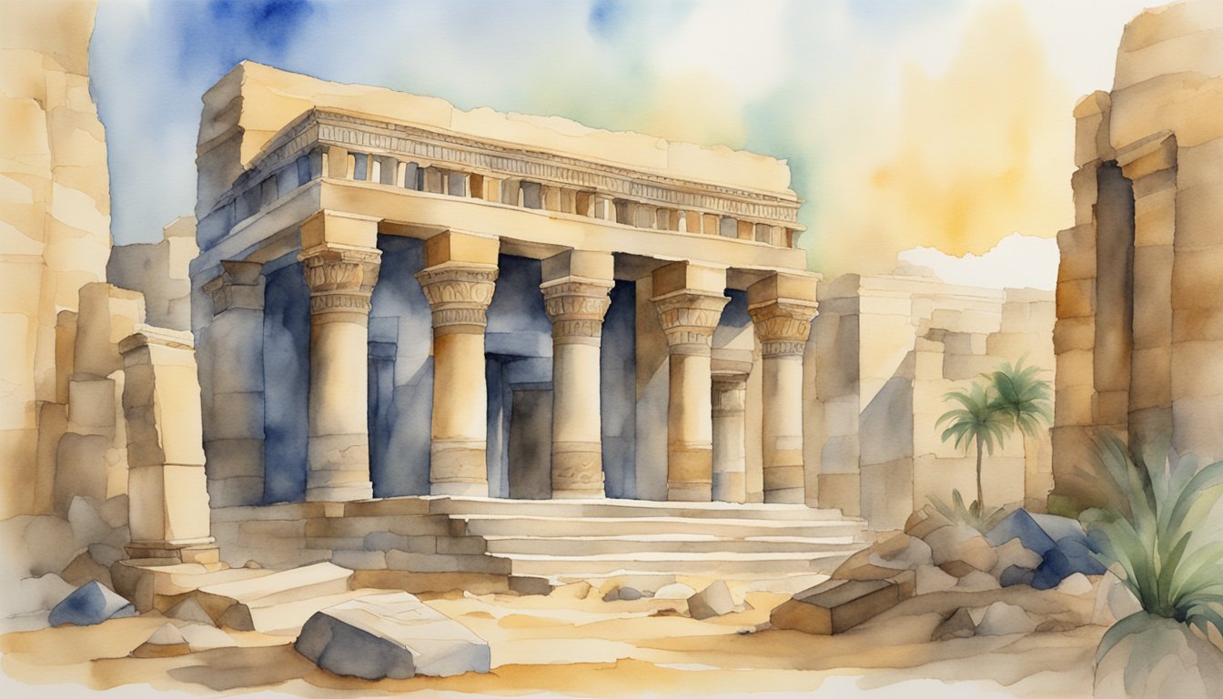 Cleopatra's palace in ruins, surrounded by ancient Egyptian artifacts.</p><p>A fading image of the queen symbolizes her legacy